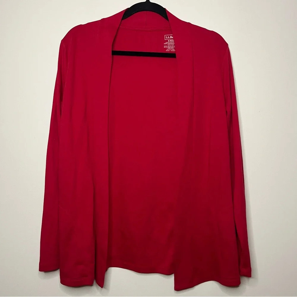 LL BEAN Cherry Red 100% Supima Cotton Open Front Cozy Pockets Cardigan
